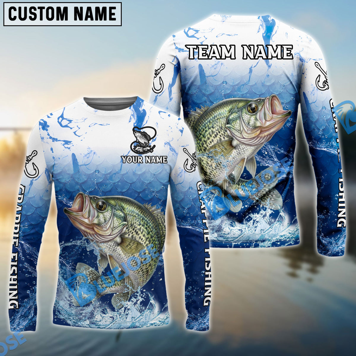 Bluejose Crappie Fishing Ocean Scale Gradient Splash Design Custom Name &amp; Team Name 3D Shirts