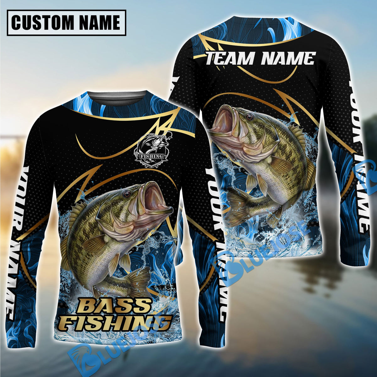 Bluejose Bass Fishing Water Splash Navy Gold Pattern Custom Name &amp; Team Name 3D Shirts