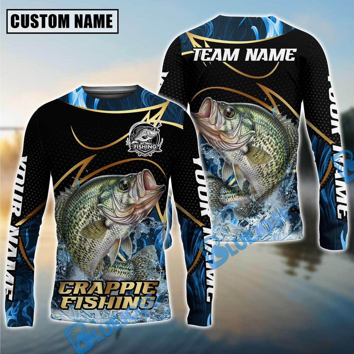 Bluejose Crappie Fishing Water Splash Navy Gold Pattern Custom Name &amp; Team Name 3D Shirts