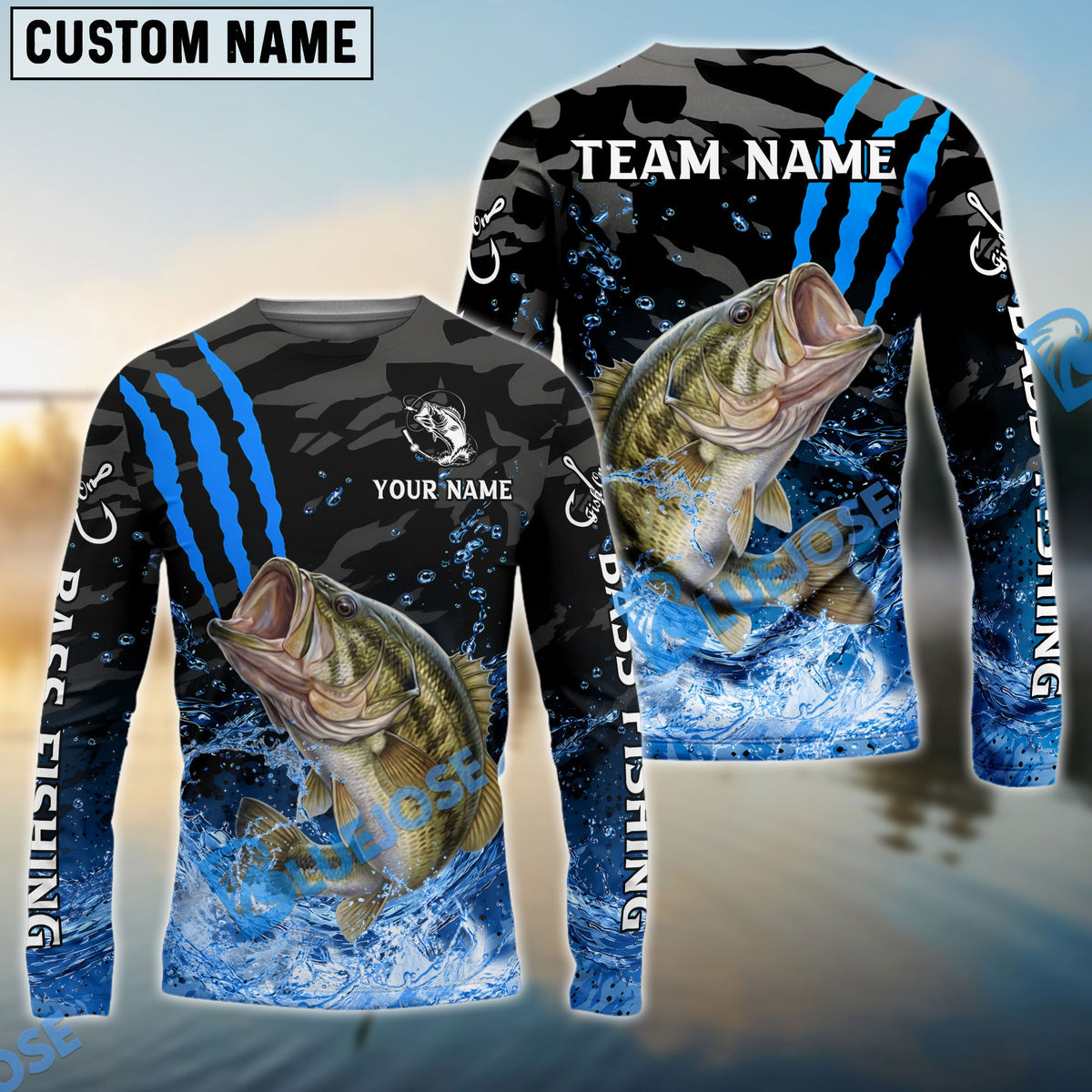 Bluejose Bass Fishing Blue Scratch Camo Water Splash Custom Name &amp; Team Name 3D Shirts
