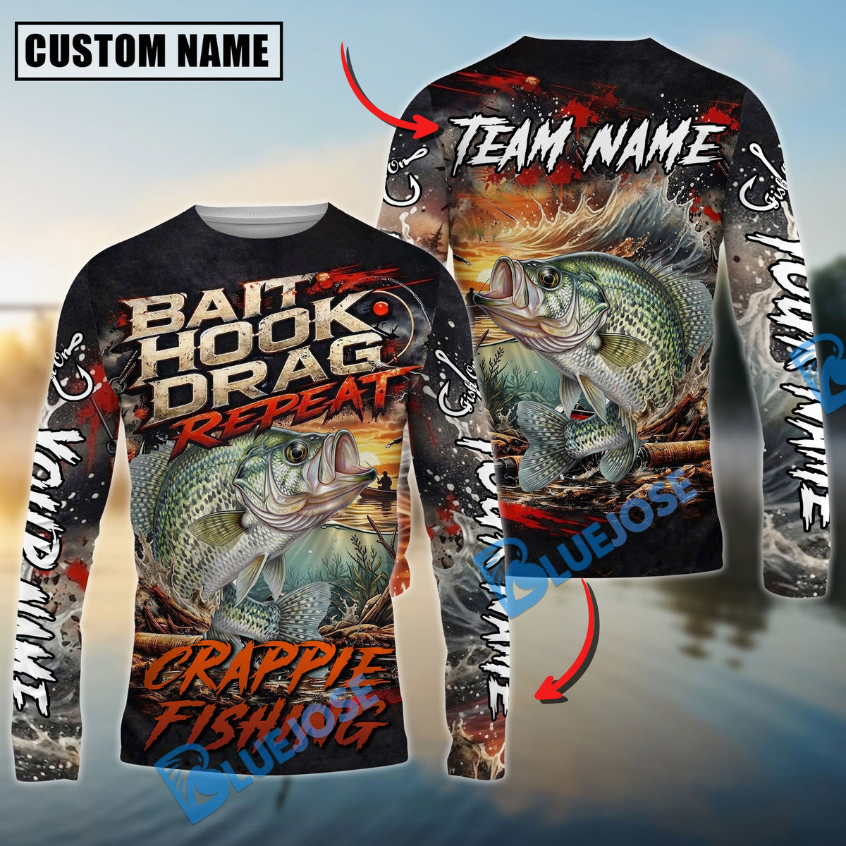 Bluejose Crappie Fishing Bait Hook Drag Repeat Custom Name &amp; Team Name 3D Shirts