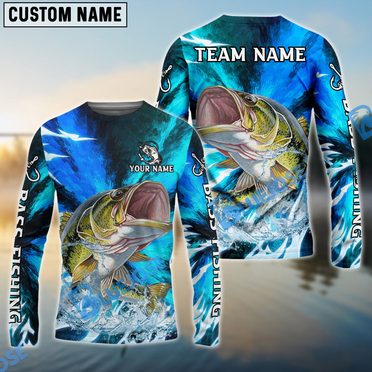Bluejose Bass Fishing Sharp Strike Custom Name &amp; Team Name 3D Shirts