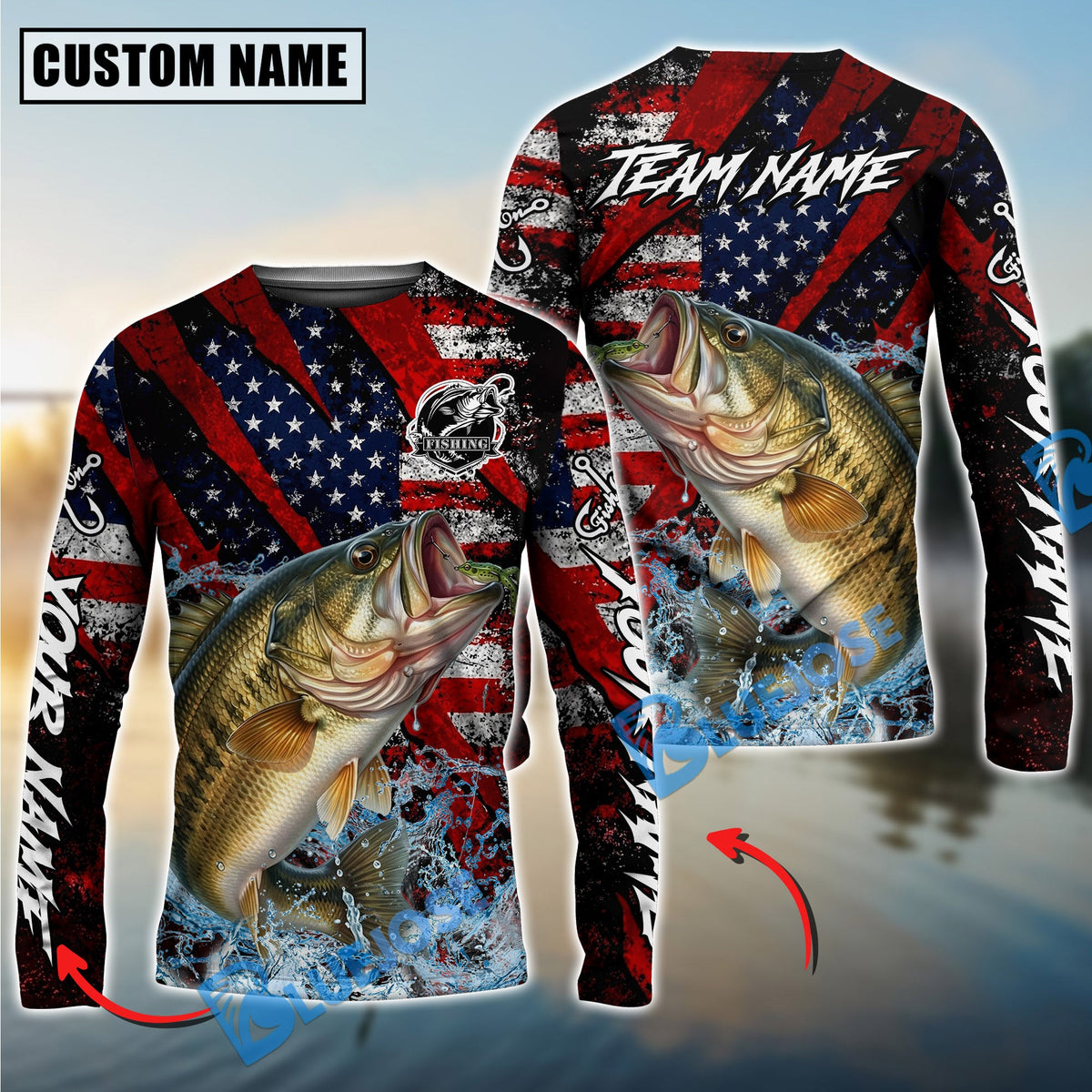 Bluejose Bass Fishing American Flag Grunge Red Scratch Custom Name &amp; Team Name 3D Shirts
