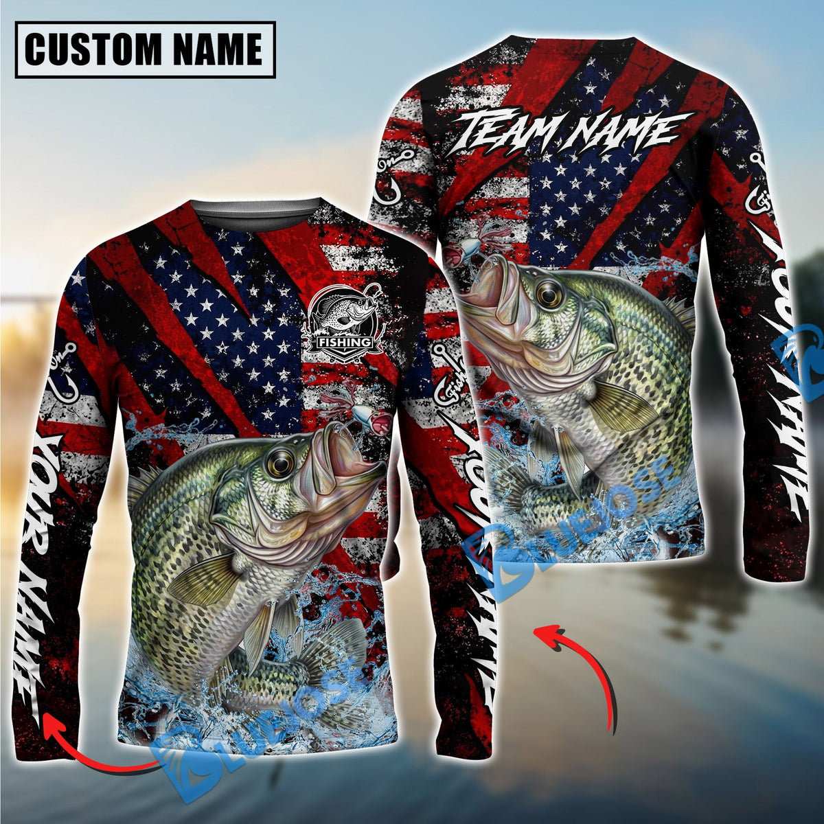 Bluejose Crappie Fishing American Flag Grunge Red Scratch Custom Name &amp; Team Name 3D Shirts