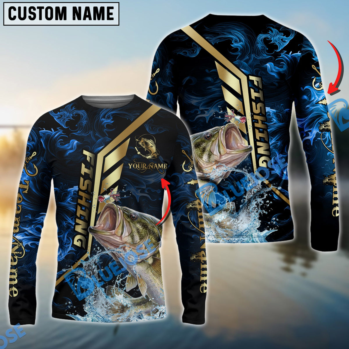 Bluejose Bass Fishing Gold Smoke Premium Sport Style Custom Name &amp; Team Name 3D Shirts