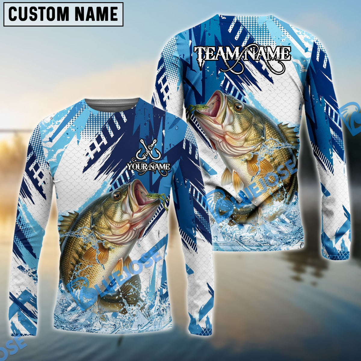Bluejose Bass Fishing Blue Water Splash Scale Pattern Custom Name &amp; Team Name 3D Shirts