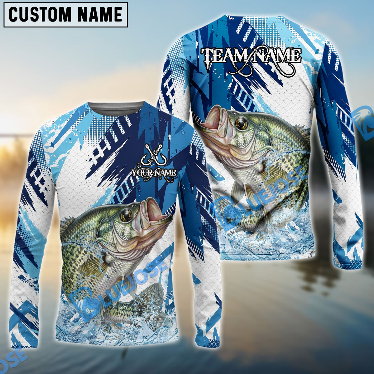 Bluejose Crappie Fishing Blue Water Splash Scale Pattern Custom Name &amp; Team Name 3D Shirts