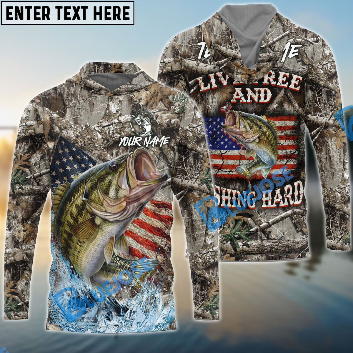 Bluejose Bass Fishing Patriotic Camo Live Free Custom Name &amp; Team Name 3D Shirts