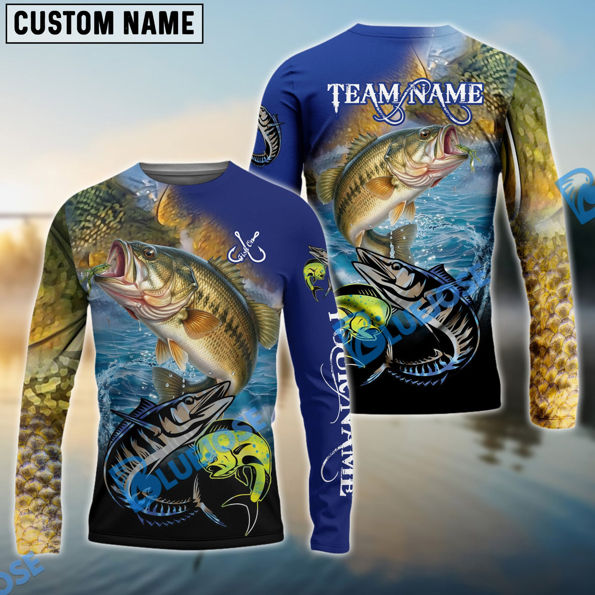 Bluejose Bass Fishing Ocean &amp; Lake Custom Name &amp; Team Name 3D Shirts