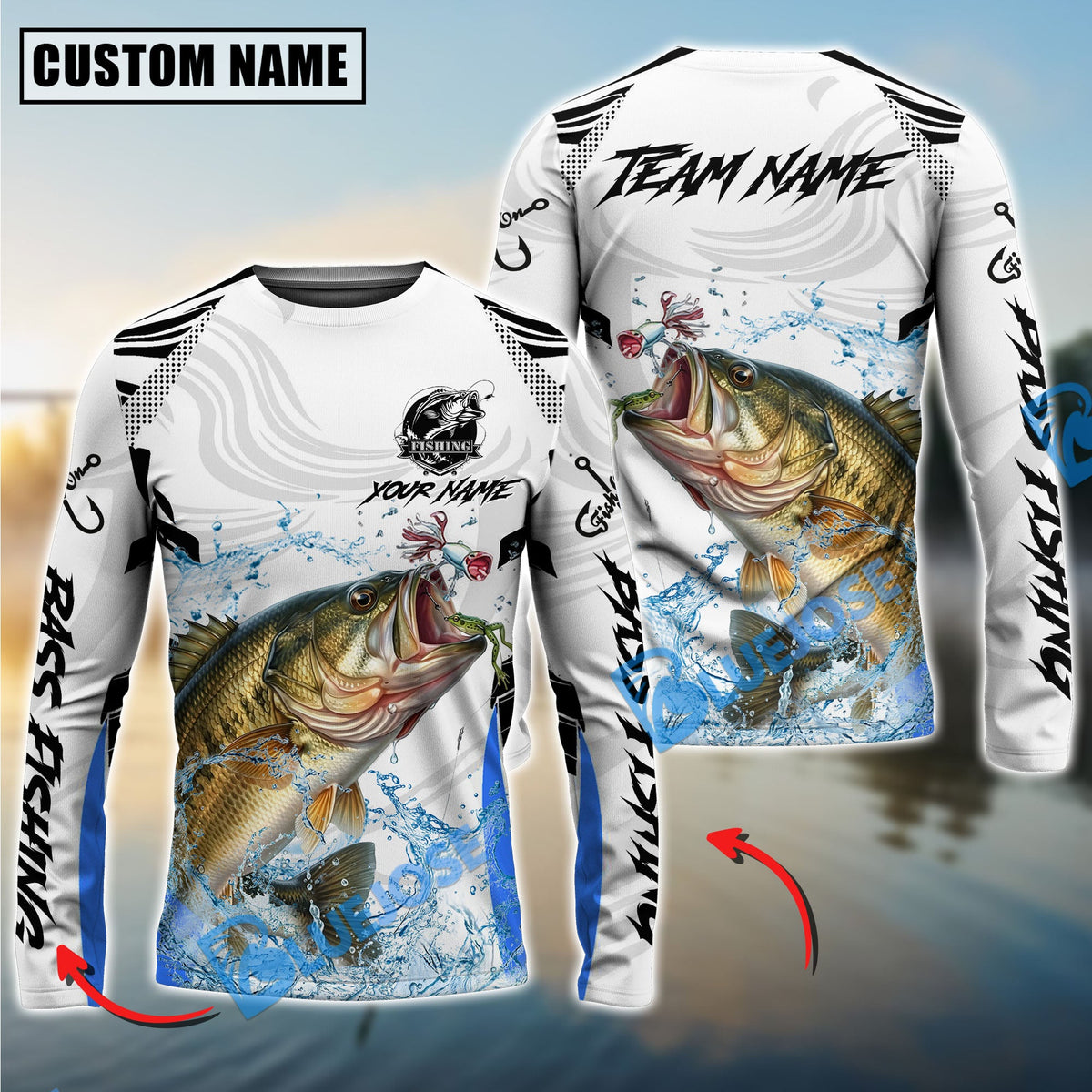 Bluejose Bass Fishing White Black Curve Pattern Design Custom Name &amp; Team Name 3D Shirts