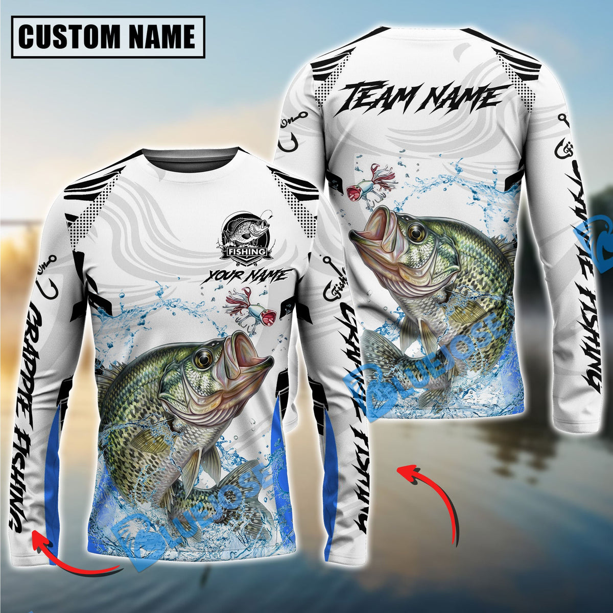 Bluejose Crappie Fishing White Black Curve Pattern Design Custom Name &amp; Team Name 3D Shirts