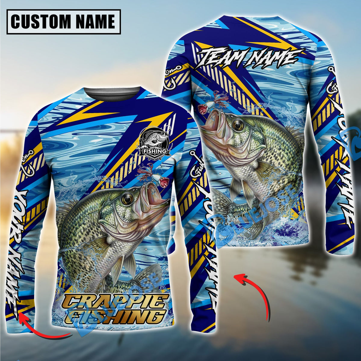 Bluejose Crappie Fishing Yellow Blue Lightning Pattern Design Custom Name &amp; Team Name 3D Shirts