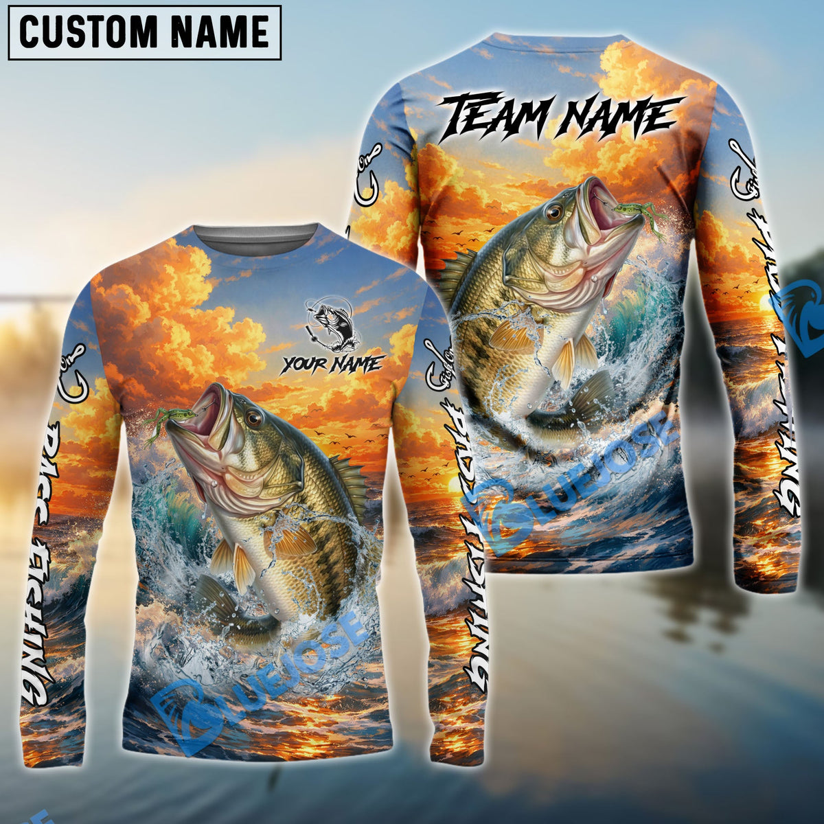 Bluejose Bass Fishing Ocean Sunset Wave Custom Name &amp; Team Name 3D Shirts
