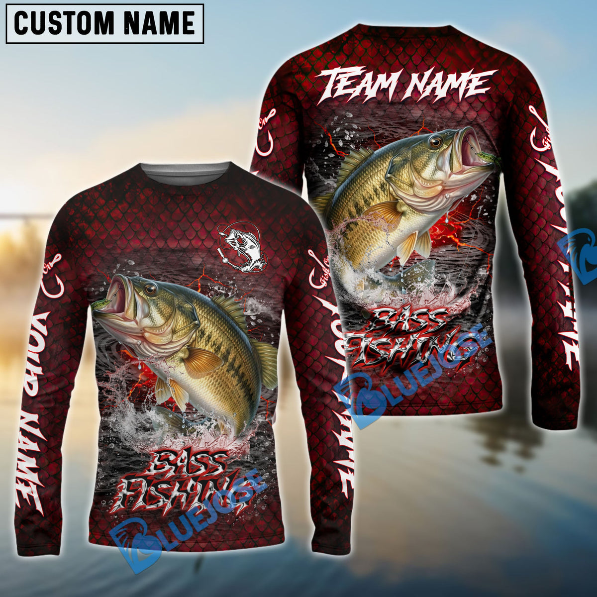 Bluejose Bass Fishing Red Dragon Scale Lightning Custom Name &amp; Team Name 3D Shirts