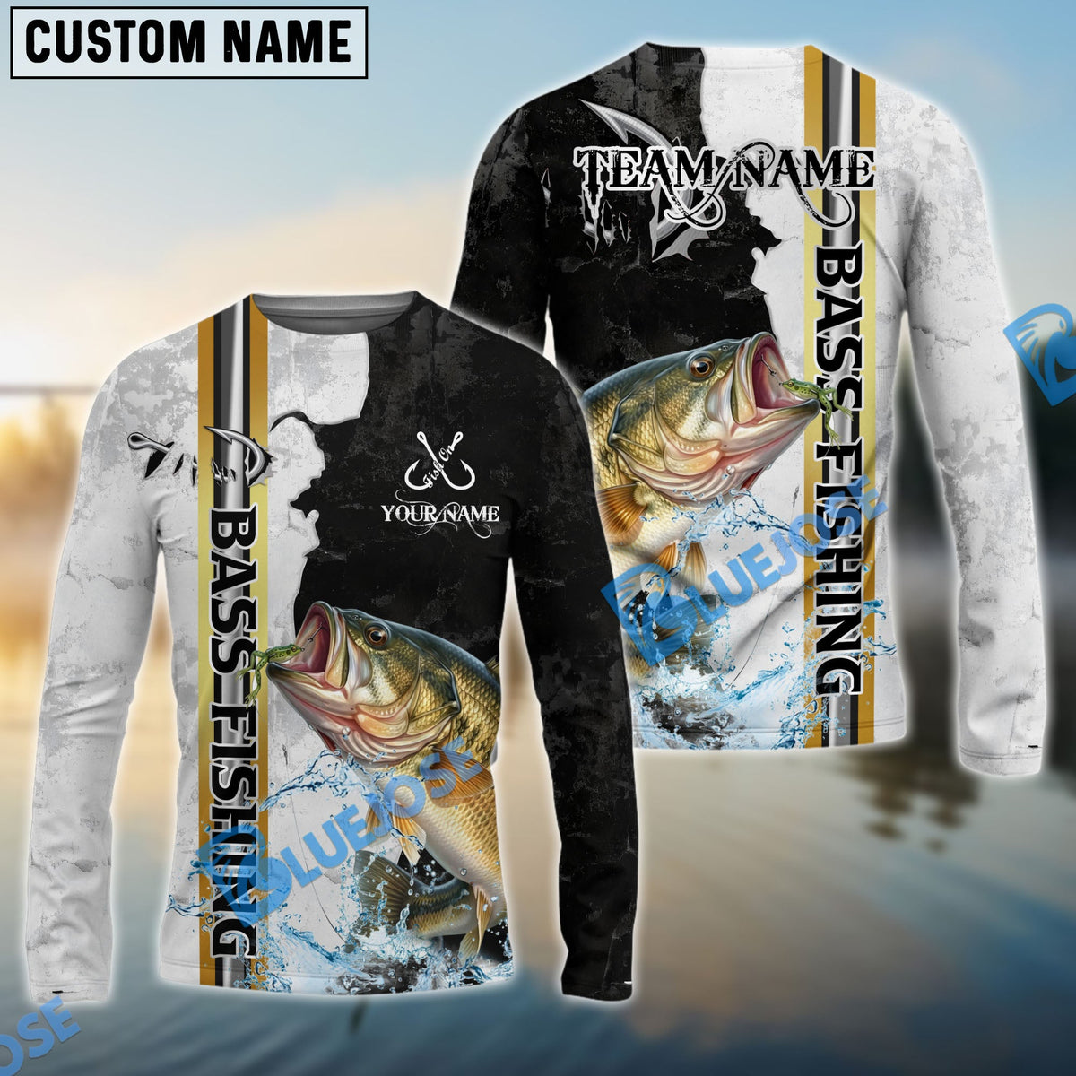 Bluejose Bass Fishing Split Grunge Splash Design Custom Name &amp; Team Name 3D Shirts