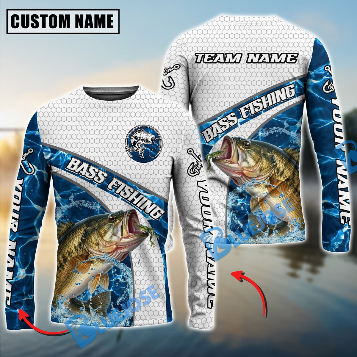 Bluejose Bass Fishing Honeycomb Electric Water Splash Custom Name &amp; Team Name 3D Shirts