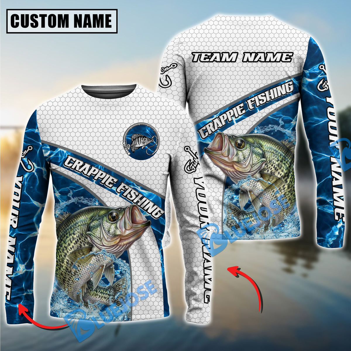Bluejose Crappie Fishing Honeycomb Electric Water Splash Custom Name &amp; Team Name 3D Shirts