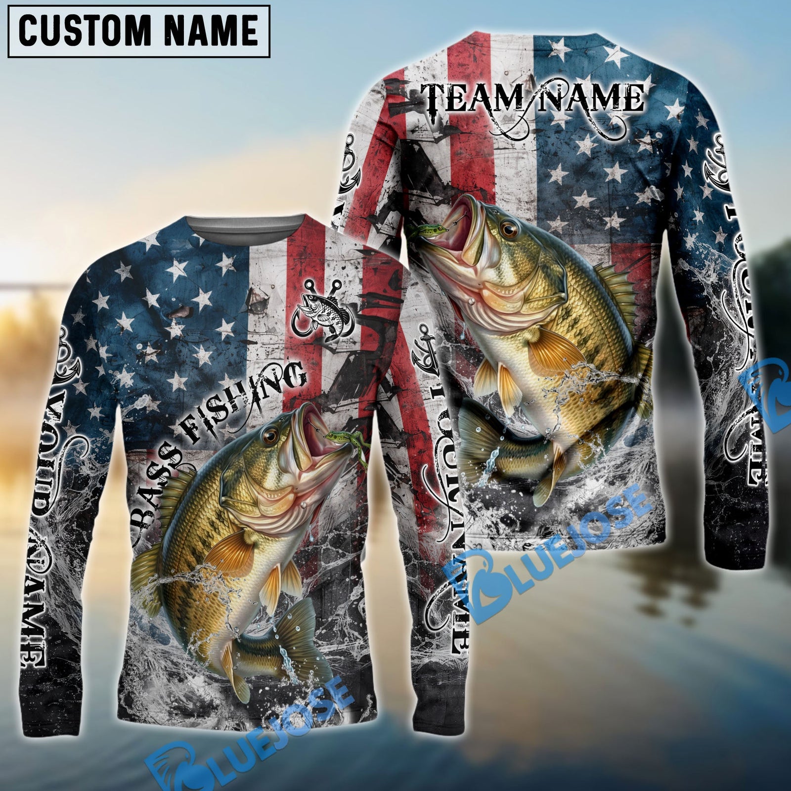 Bluejose Bass Fishing American Flag Vintage Splash Art Custom Name & Team Name 3D Shirts