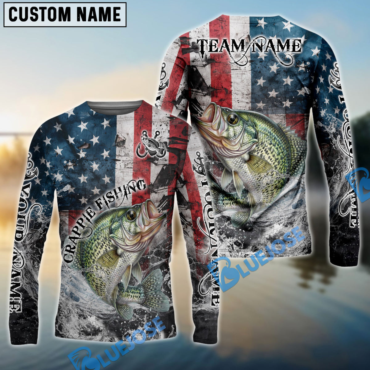 Bluejose Crappie Fishing American Flag Vintage Splash Art Custom Name &amp; Team Name 3D Shirts