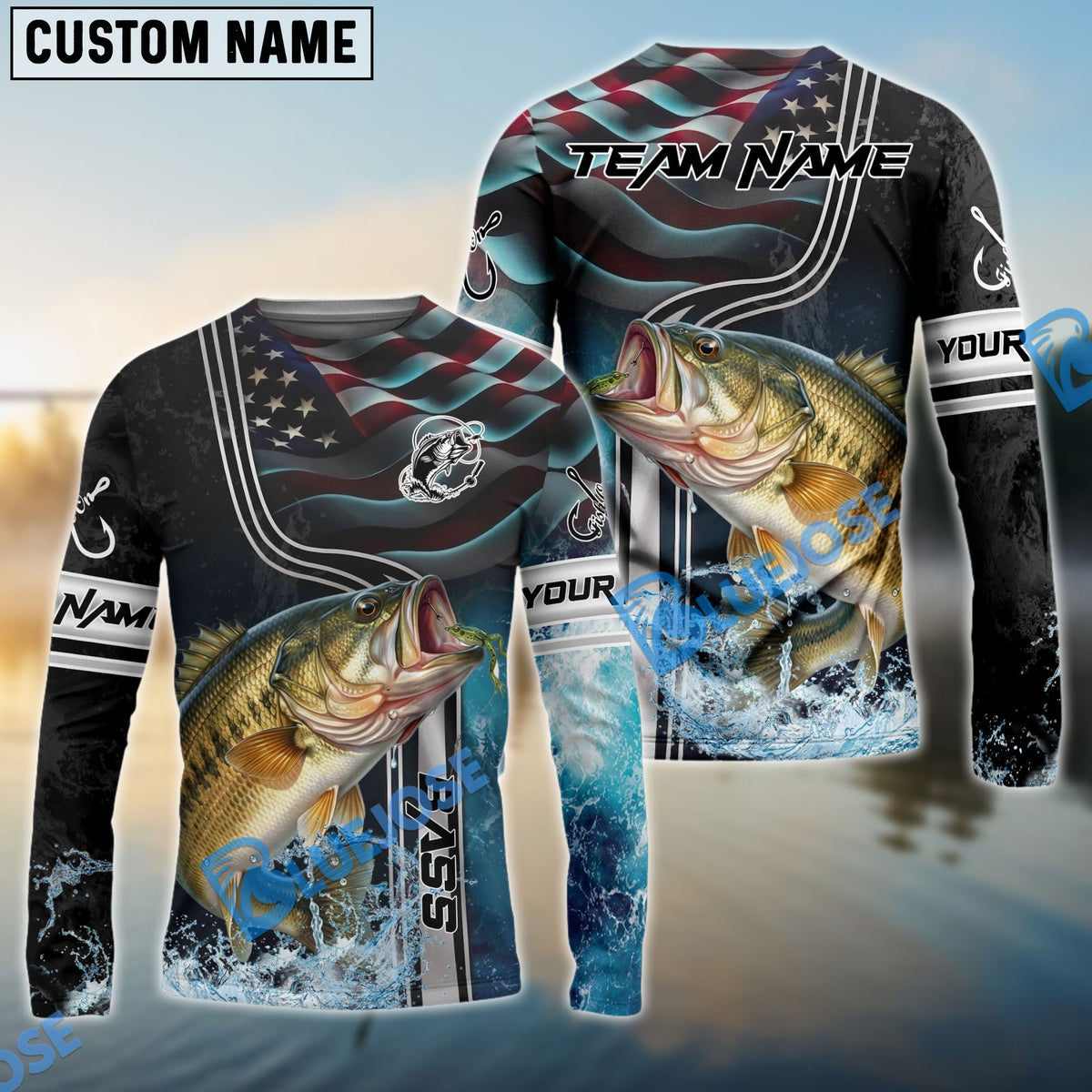 Bluejose Bass Jumping Fish American Flag Wave Splash Custom Name &amp; Team Name 3D Shirts