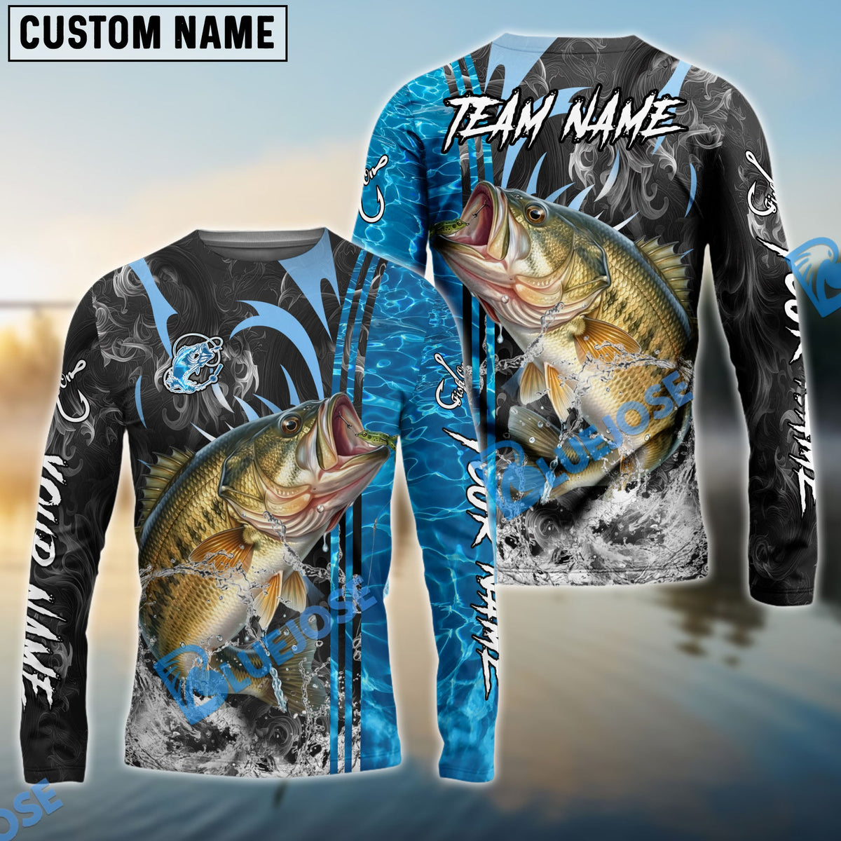 Bluejose Bass Fishing Sparkling Water Smoke Pattern Design Custom Name &amp; Team Name 3D Shirts