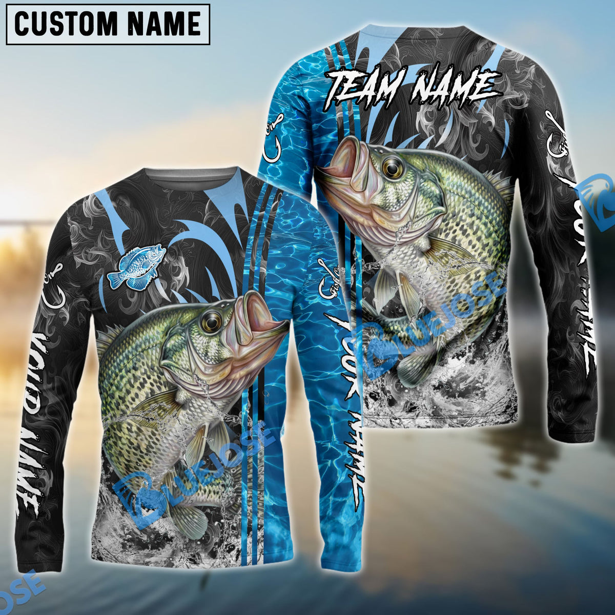 Bluejose Crappie Fishing Sparkling Water Smoke Pattern Design Custom Name &amp; Team Name 3D Shirts