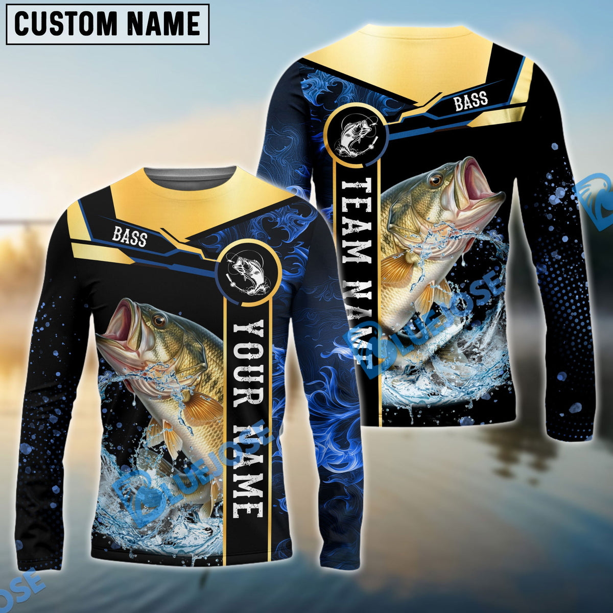 Bluejose Bass Fishing Golden With Blue Flame Pattern Custom Name &amp; Team Name 3D Shirts