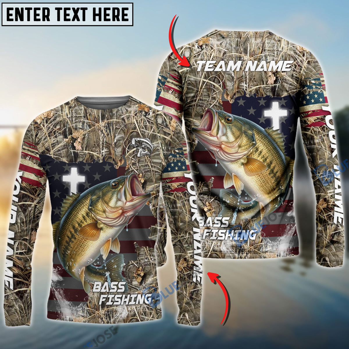 Bluejose Bass Fishing Cross Camo Custom Name &amp; Team Name 3D Shirts