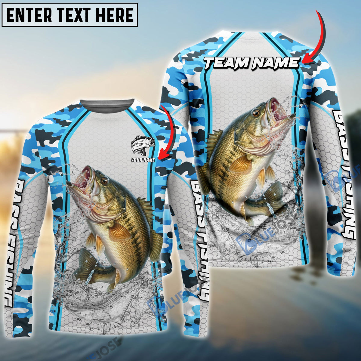 Bluejose Bass Fishing Light Blue Camo Sport Custom Name &amp; Team Name 3D Shirts