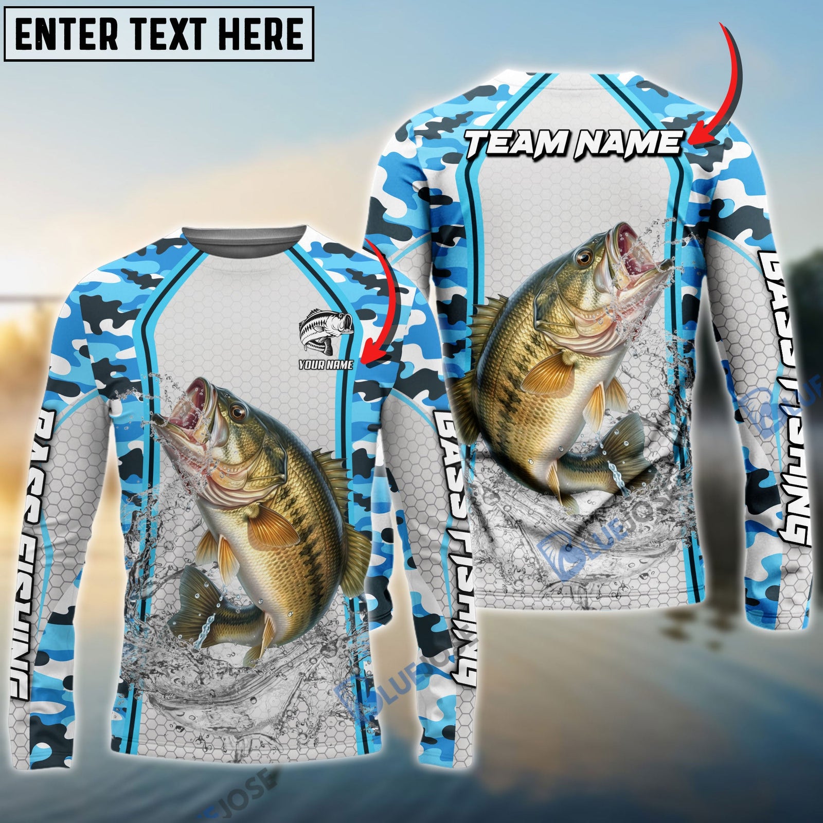 Bluejose Bass Fishing Light Blue Camo Sport Custom Name & Team Name 3D Shirts