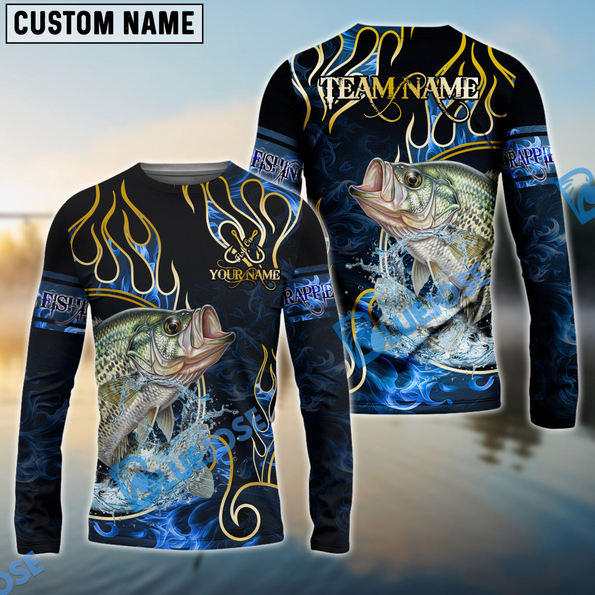 Bluejose Crappie Fishing Flame Dark Blue Luxury Pattern Custom Name &amp; Team Name 3D Shirts