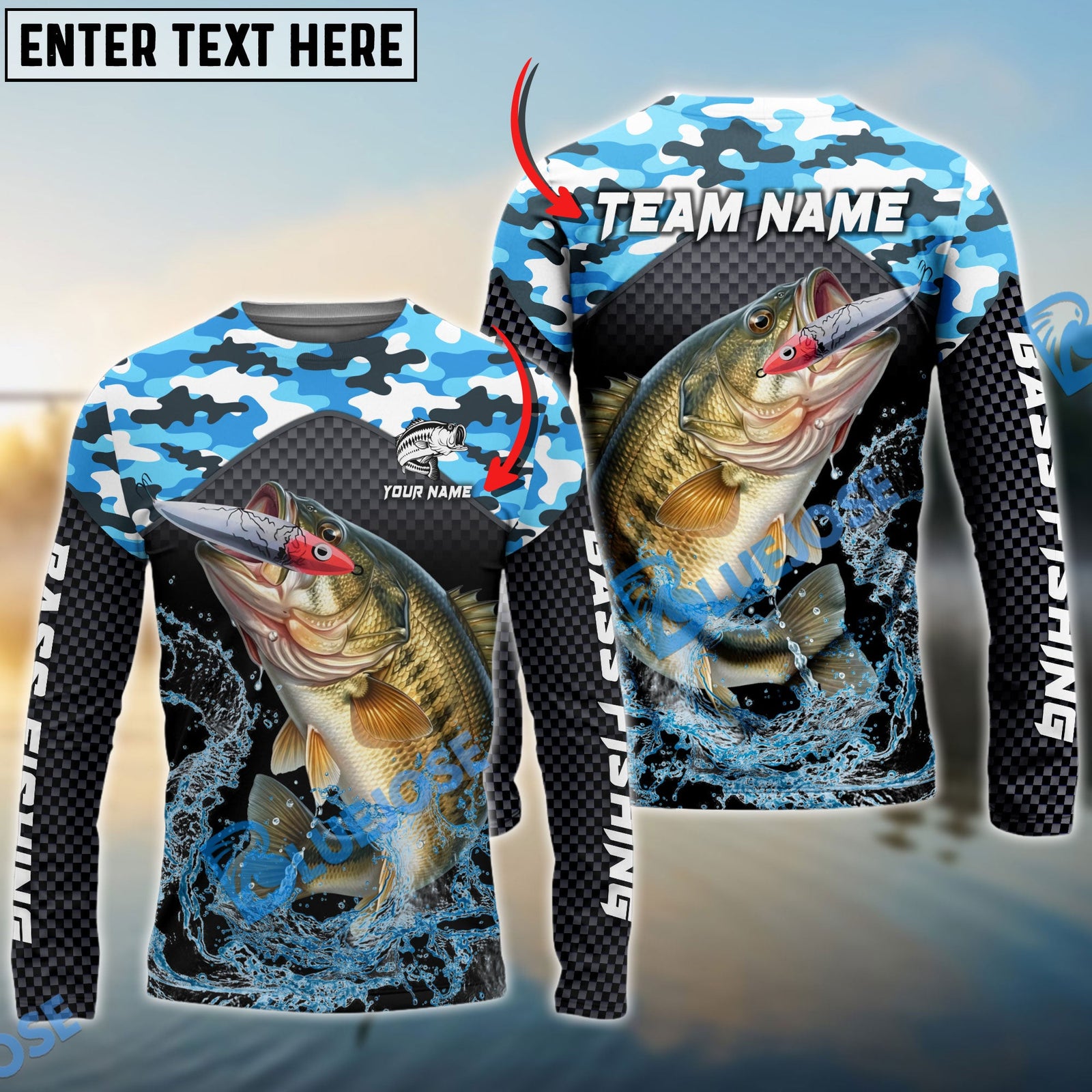Bluejose Bass Fishing Blue Camo Sport Custom Name & Team Name 3D Shirts