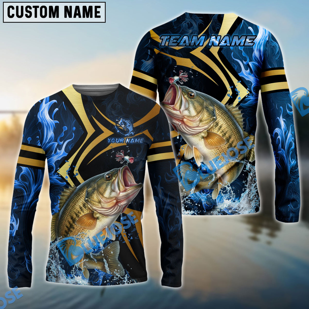 Bluejose Bass Fishing Blue Ocean Wave &amp; Gold Geometric Custom Name &amp; Team Name 3D Shirts