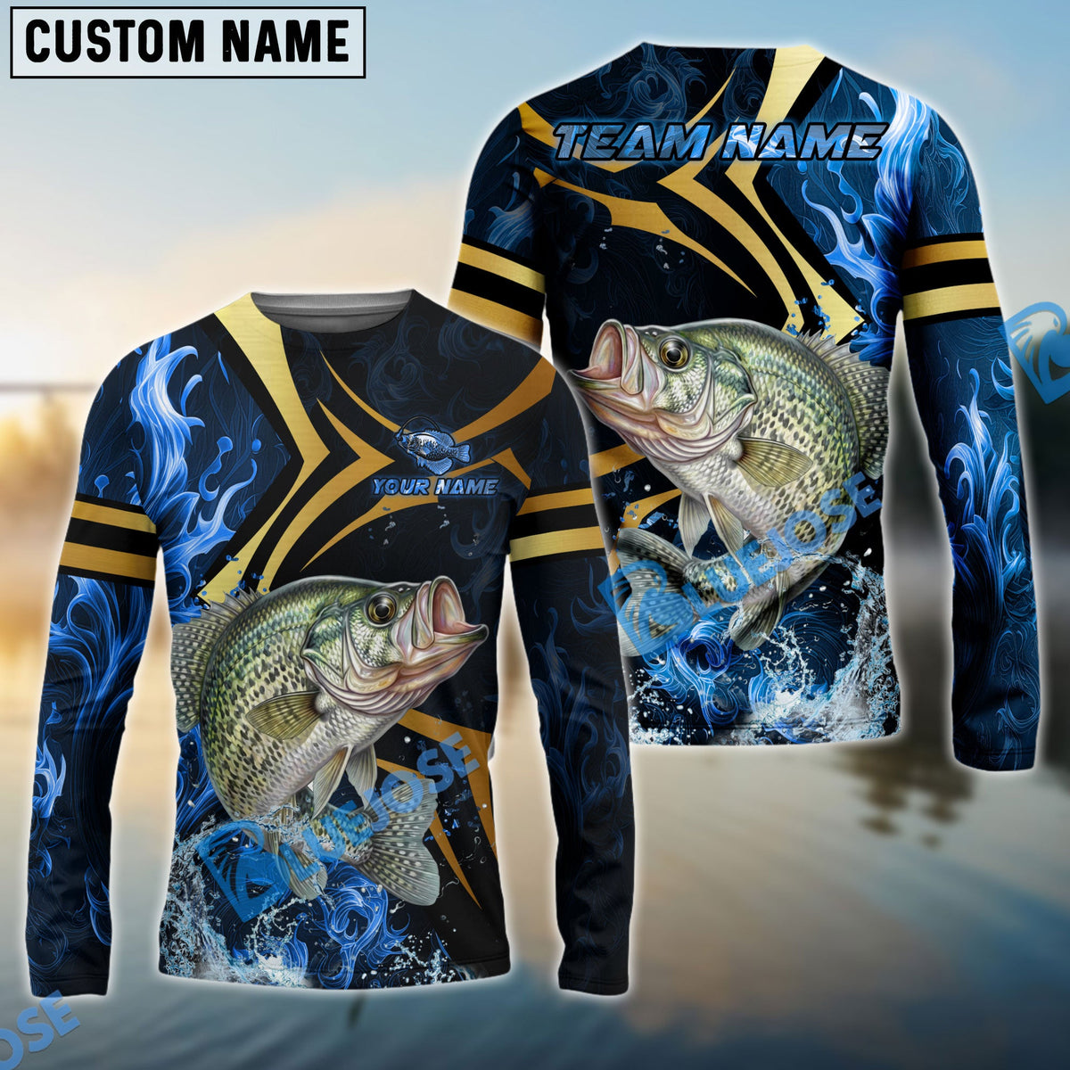 Bluejose Crappie Fishing Blue Ocean Wave &amp; Gold Geometric Custom Name &amp; Team Name 3D Shirts