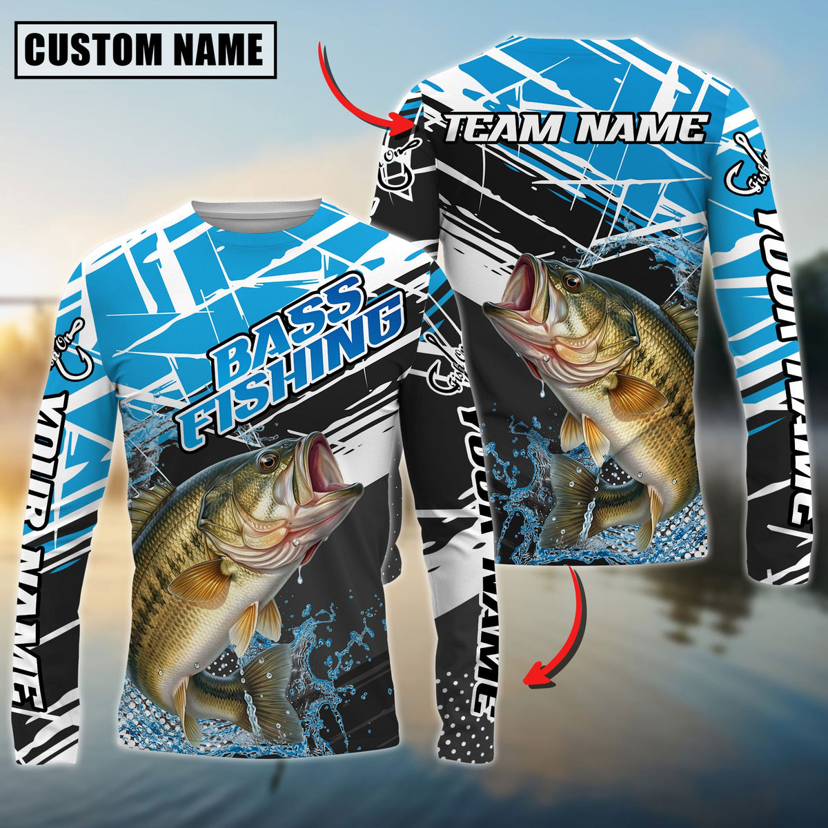 Bluejose Bass Fishing Bold Graphic Splash Contrast Design Custom Name &amp; Team Name 3D Shirts
