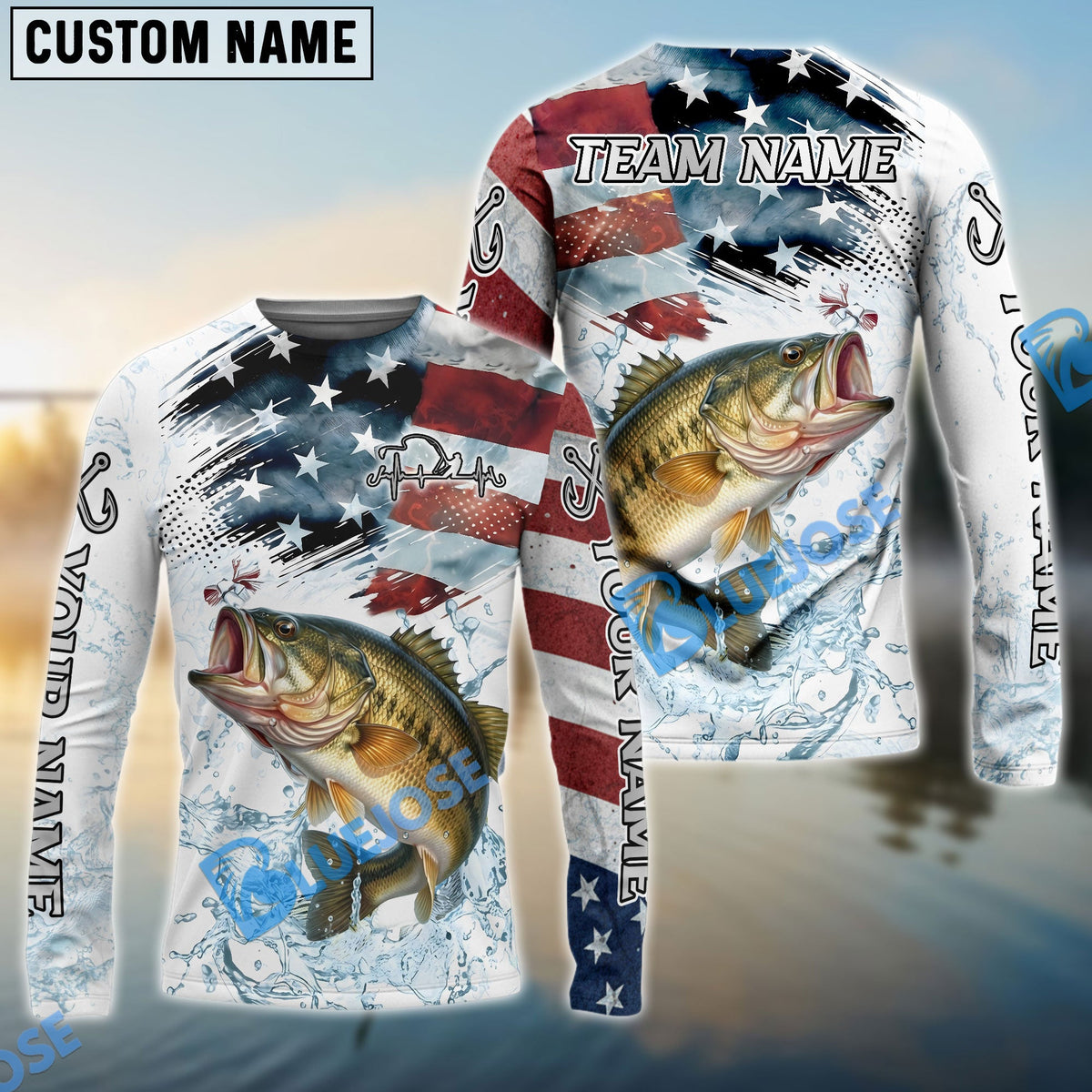 Bluejose Bass Fishing Patriotic Water Splash Theme Custom Name &amp; Team Name 3D Shirts