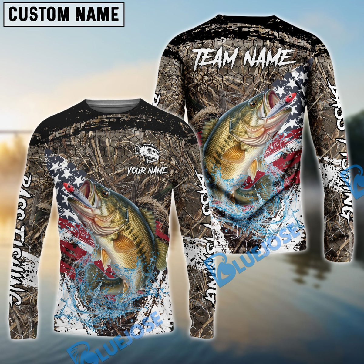Bluejose Bass Fishing American Flag Scratch Grass Camo Custom Name &amp; Team Name 3D Shirts