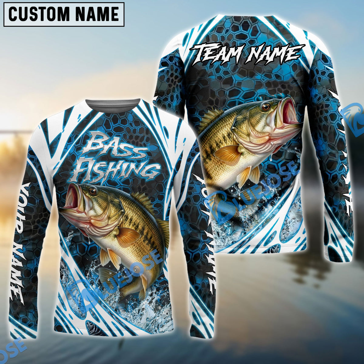 Bluejose Bass Fishing Modern Hexagon Water Splash Custom Name &amp; Team Name 3D Shirts