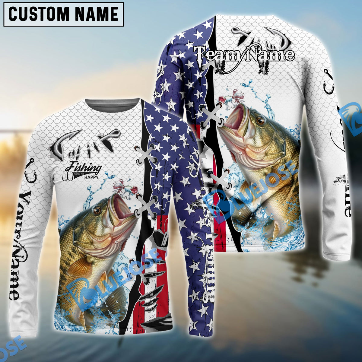 Bluejose Bass Fishing American Flag Splash Custom Name &amp; Team Name 3D Shirts