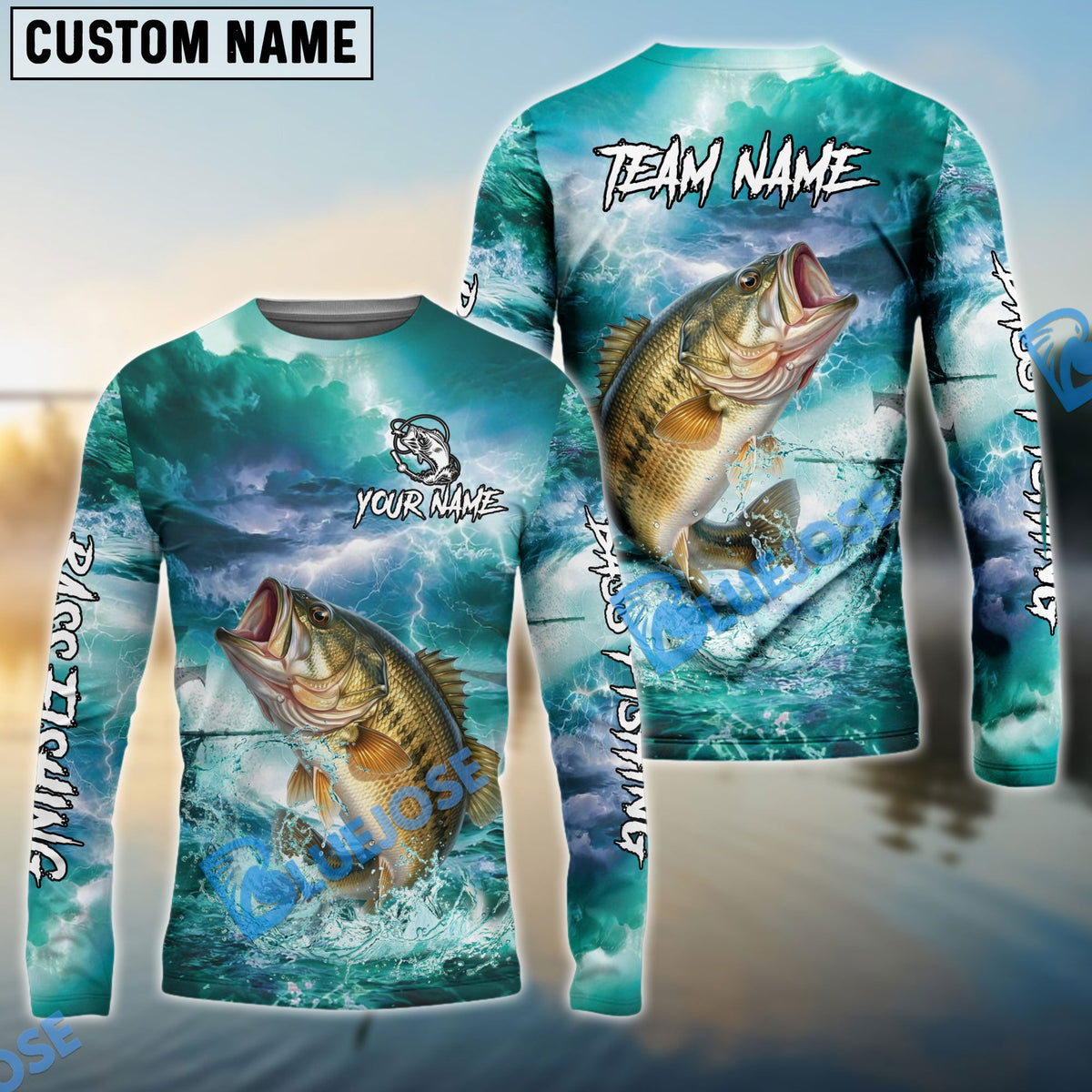 Bluejose Bass Fishing Teal Thunderstorm Name &amp; Team Name 3D Shirts