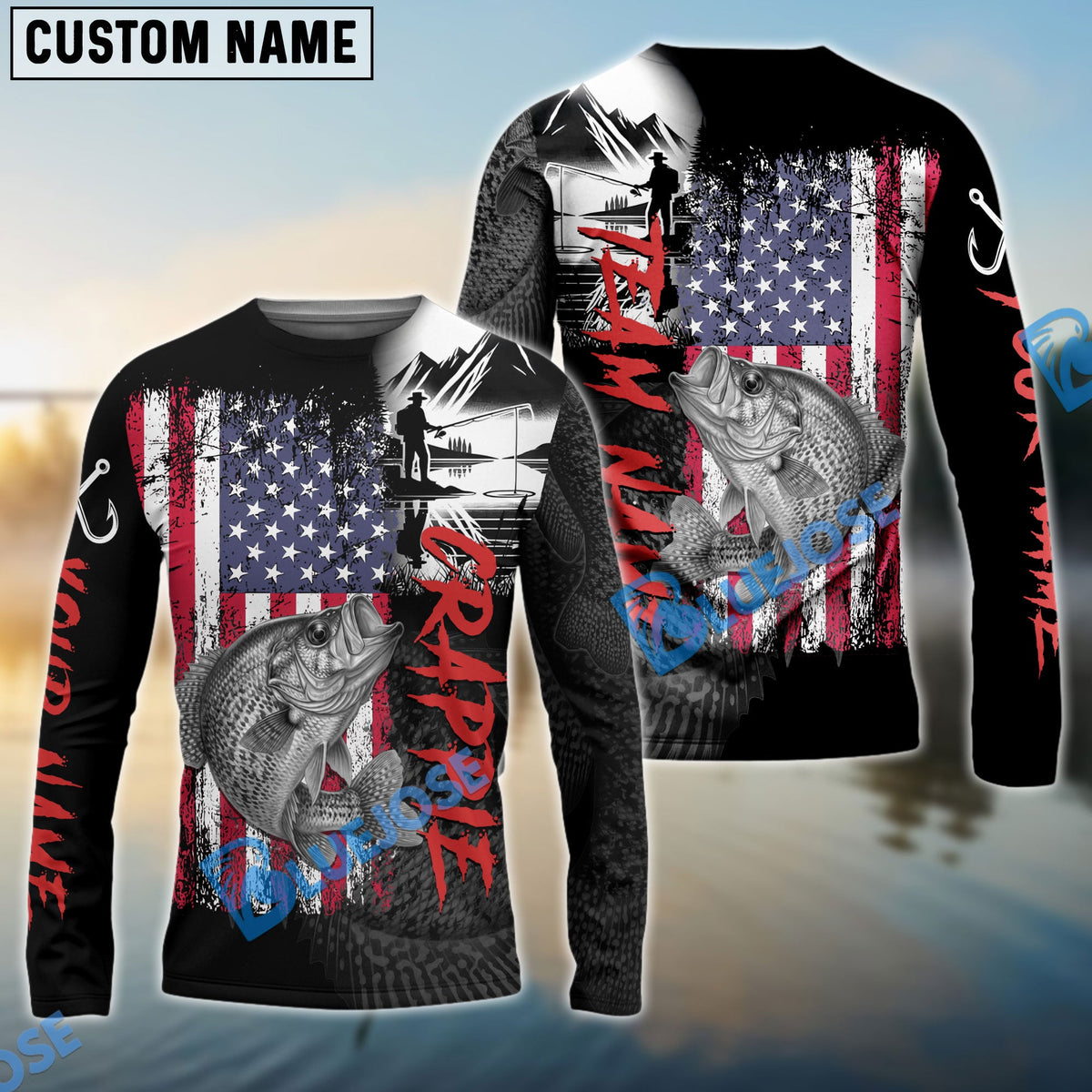 Bluejose Crappie Fishing  Black US Flag Sport Custom Name &amp; Team Name 3D Shirts