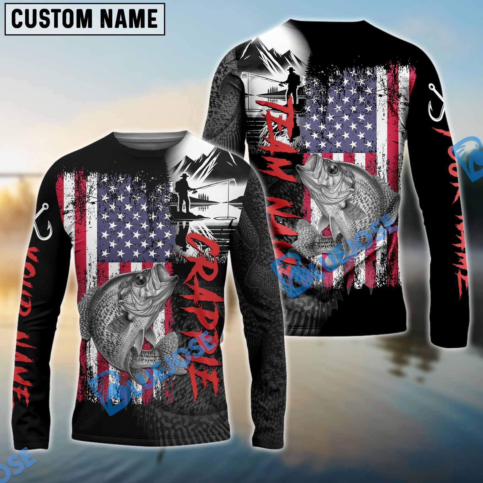 Bluejose Crappie Fishing  Black US Flag Sport Custom Name & Team Name 3D Shirts
