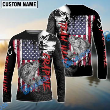Bluejose Crappie Fishing  Black US Flag Sport Custom Name & Team Name 3D Shirts