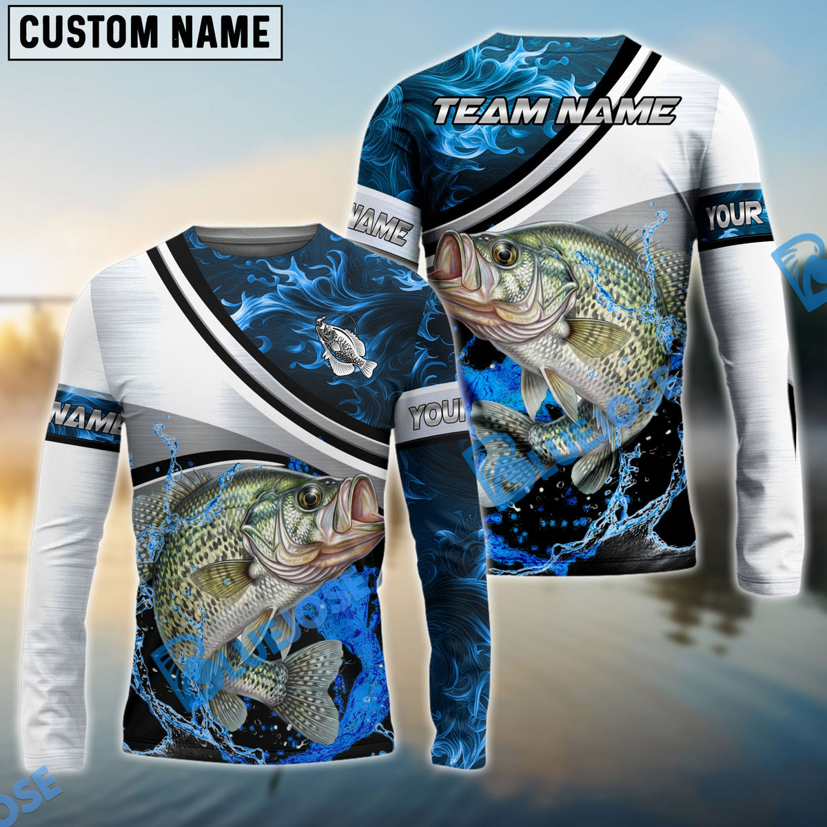 Bluejose Crappie Fishing Grey Diagonal Stripe &amp; Blue Flame Water Splash Custom Name &amp; Team Name 3D Shirts