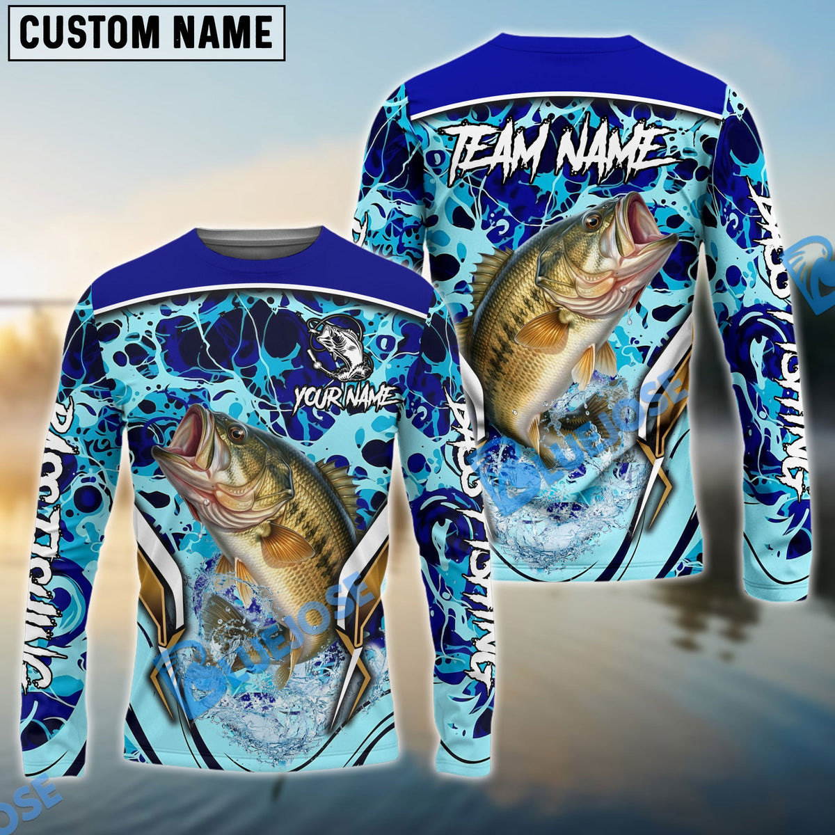 Bluejose Bass Fishing Blue Fiction Sea Custom Name &amp; Team Name 3D Shirts