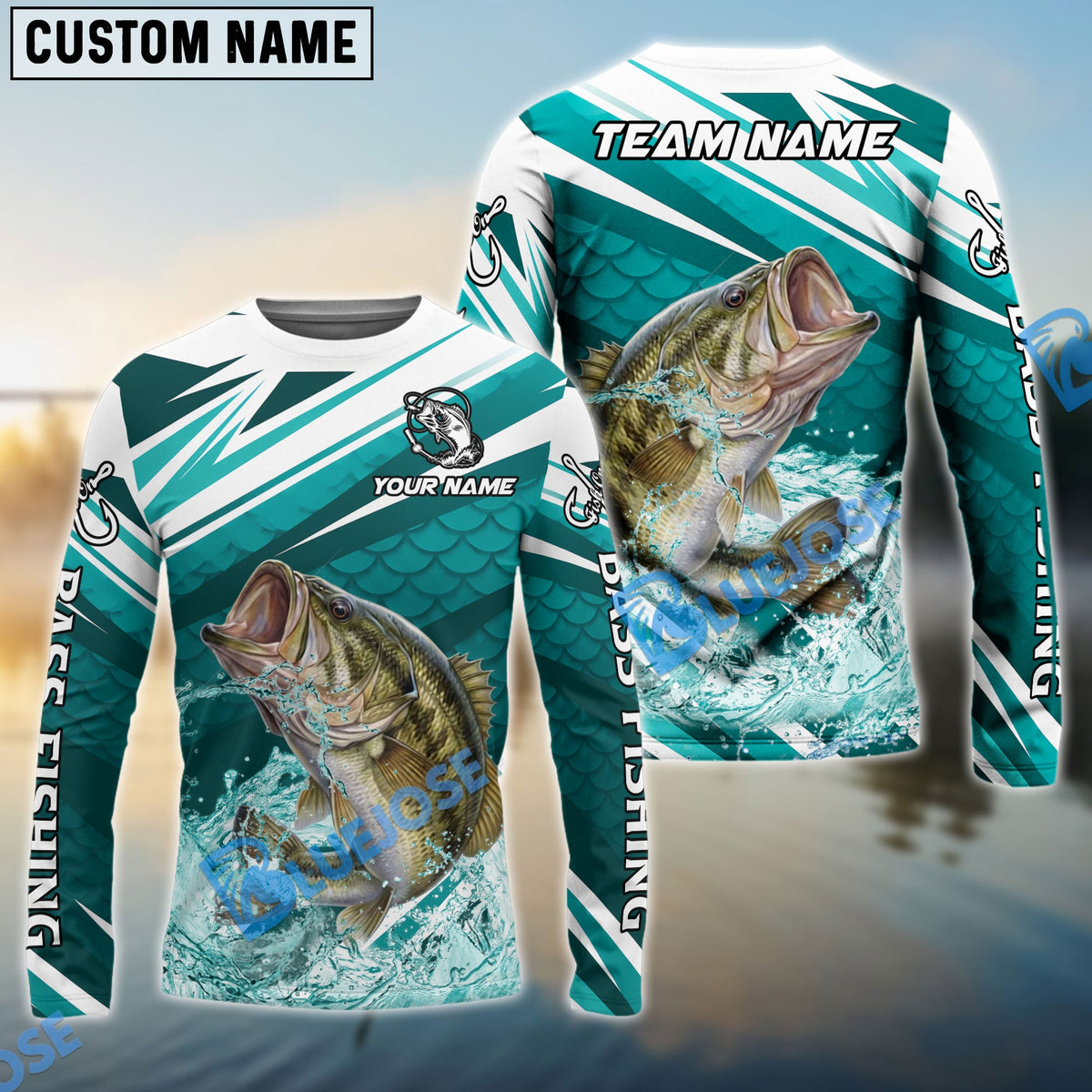 Bluejose Bass Fishing Cyan Scale Pattern Splash Water Custom Name &amp; Team Name 3D Shirts