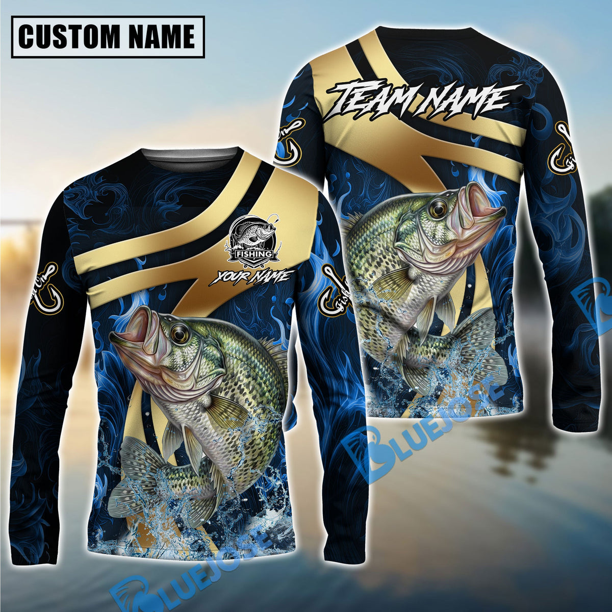 Bluejose Crappie Fishing Luxury Gold Wave Water Splash Design Custom Name &amp; Team Name 3D Shirts