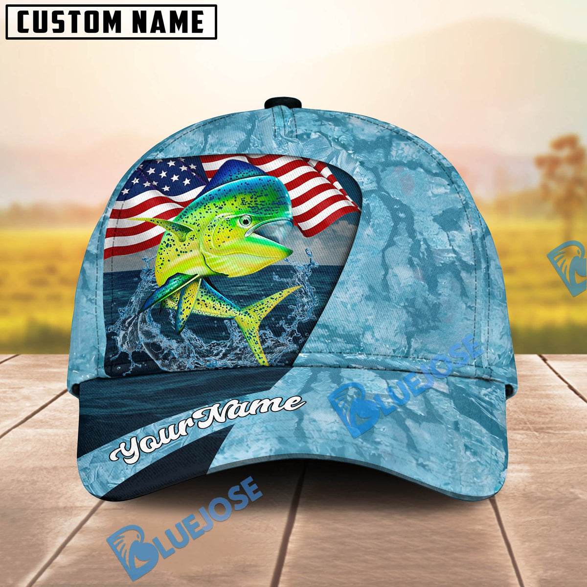 BlueJose Fishing American Flag Light Blue Ocean Design Personalized Cap (13 Breeds)