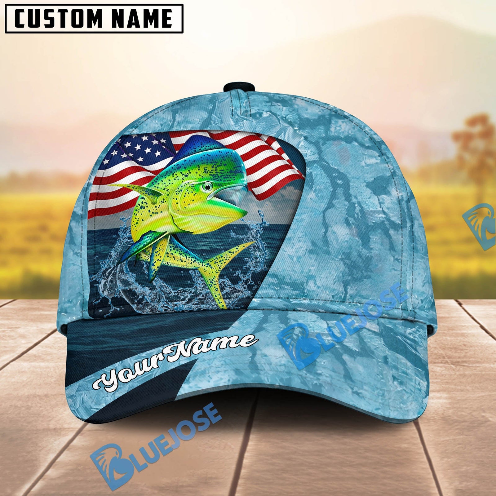 BlueJose Fishing American Flag Light Blue Ocean Design Personalized Cap (13 Breeds)