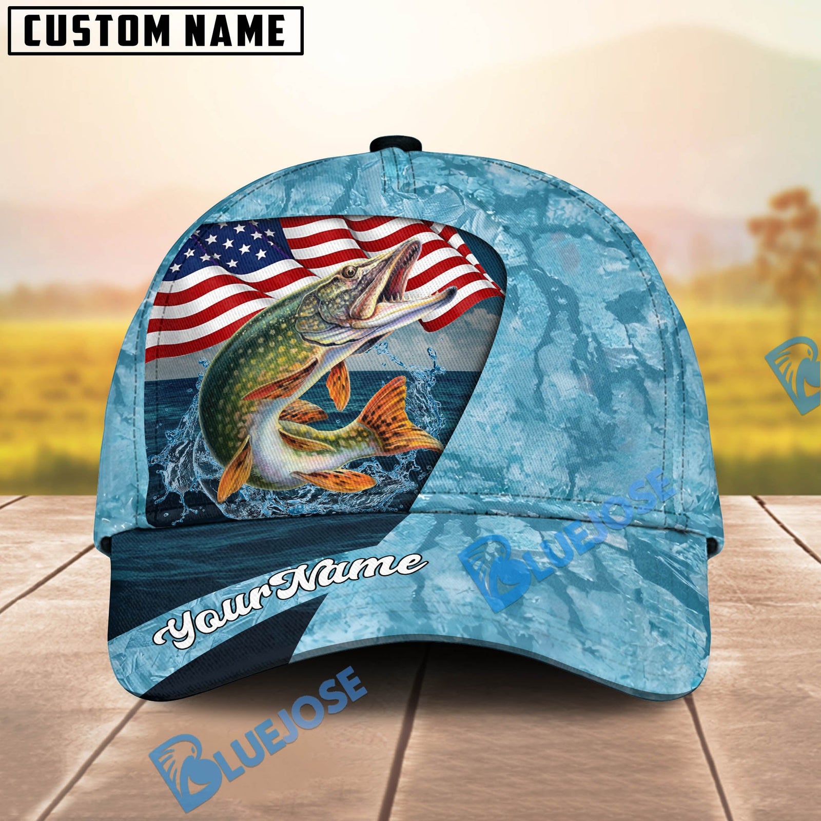 BlueJose Fishing American Flag Light Blue Ocean Design Personalized Cap (13 Breeds)